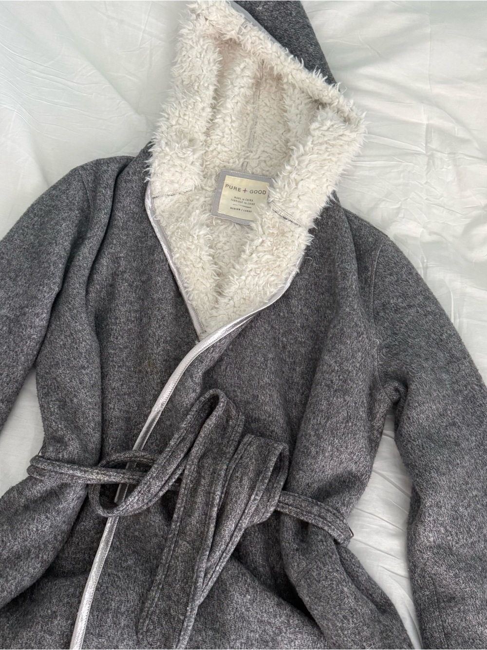 Anthropologie Gray Hooded Robe with Cream Sherpa Lining